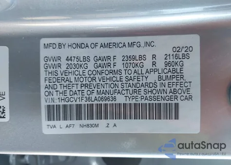 2020 Honda Accord Sport z USA, uszkodzony, nr VIN 1HGCV1F36LA069636